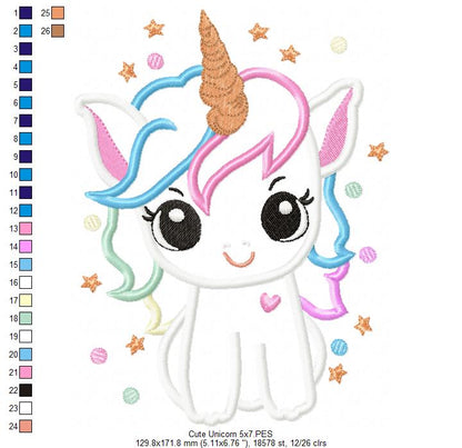 Magical and Cute Unicorn - Applique - Machine Embroidery Design
