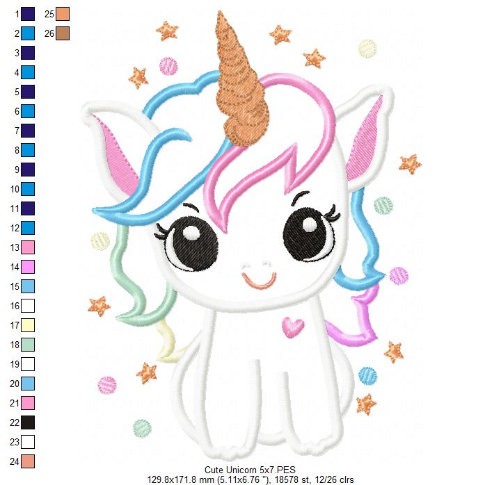 Magical and Cute Unicorn - Applique - Machine Embroidery Design