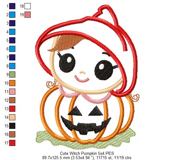 Little Pumpkin Witch Girl - Applique Embroidery