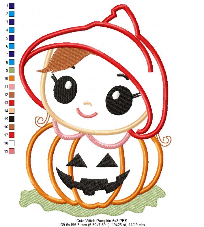 Little Pumpkin Witch Girl - Applique Embroidery