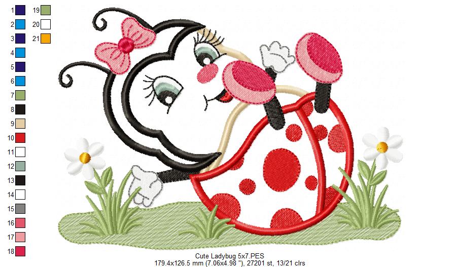 Cute Ladybug - Applique - Machine Embroidery Design