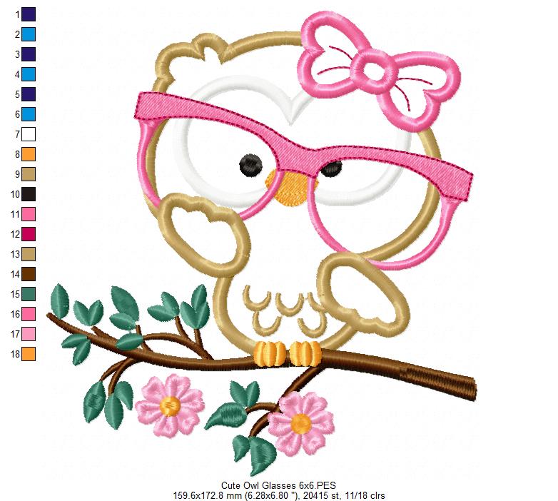 Owl Girl with Glasses - Applique - Machine Embroidery Design