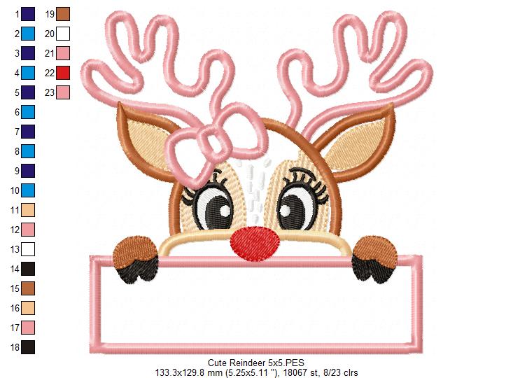 Cute Christmas Reindeer Girl - Applique - Machine Embroidery Design