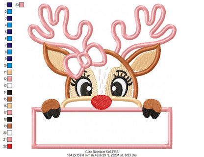 Cute Christmas Reindeer Girl - Applique - Machine Embroidery Design
