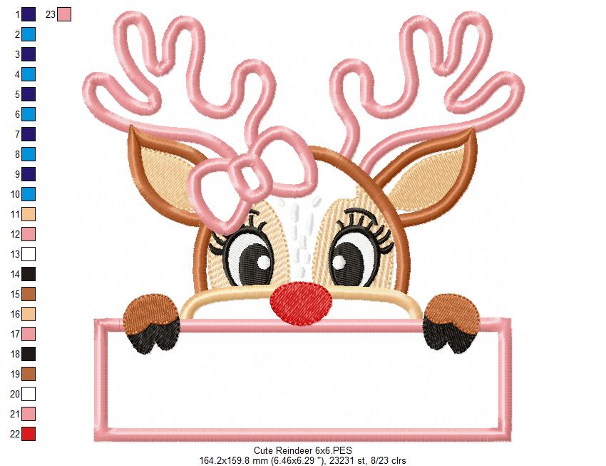 Cute Christmas Reindeer Girl - Applique - Machine Embroidery Design