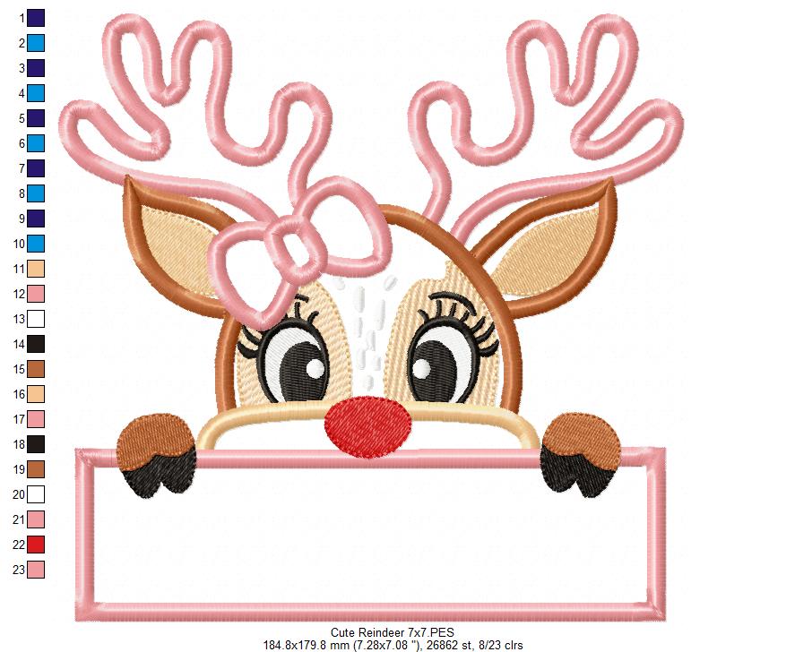 Cute Christmas Reindeer Girl - Applique - Machine Embroidery Design