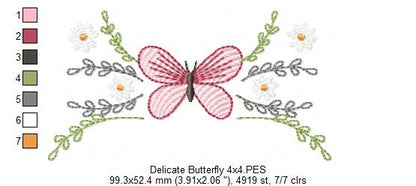 Delicate Butterfly and Flowers - Fill Stitch - Machine Embroidery Design