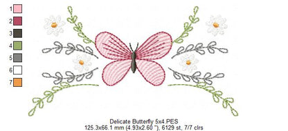 Delicate Butterfly and Flowers - Fill Stitch - Machine Embroidery Design