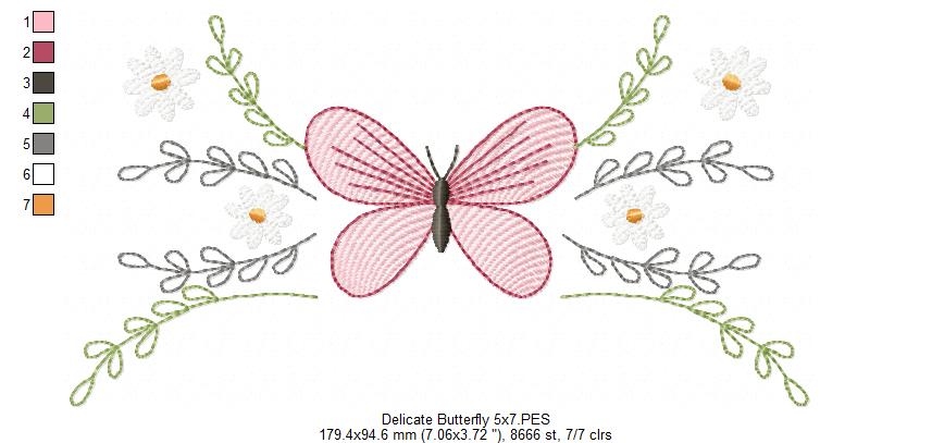 Delicate Butterfly and Flowers - Fill Stitch - Machine Embroidery Design