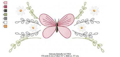 Delicate Butterfly and Flowers - Fill Stitch - Machine Embroidery Design