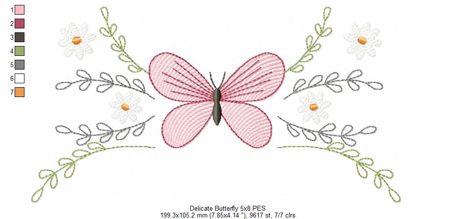 Delicate Butterfly and Flowers - Fill Stitch - Machine Embroidery Design
