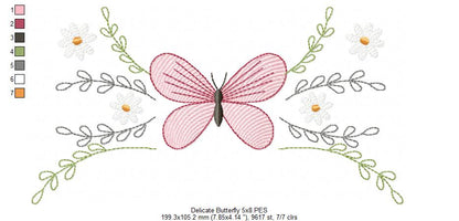 Delicate Butterfly and Flowers - Fill Stitch - Machine Embroidery Design