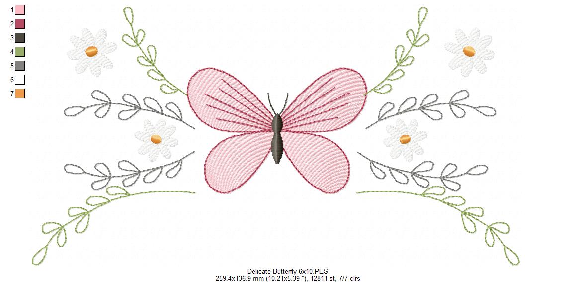 Delicate Butterfly and Flowers - Fill Stitch - Machine Embroidery Design