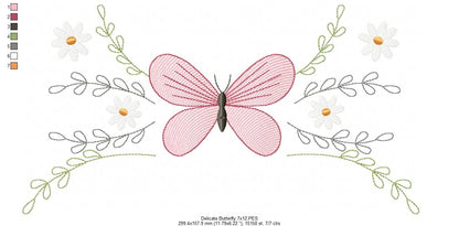 Delicate Butterfly and Flowers - Fill Stitch - Machine Embroidery Design