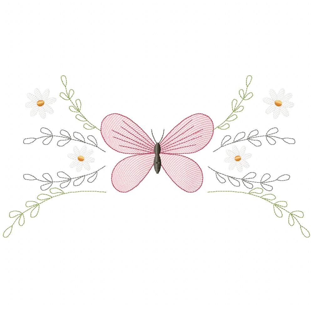 Delicate Butterfly and Flowers - Fill Stitch - Machine Embroidery Design