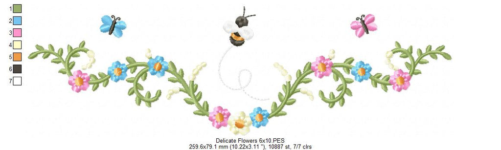 Delicate Flowers Branch, Butterflies and Bee - Fill Stitch