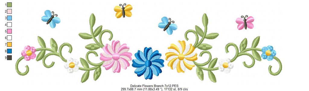 Delicate Flowers Branch and Butterflies - Fill Stitch - Machine Embroidery Design