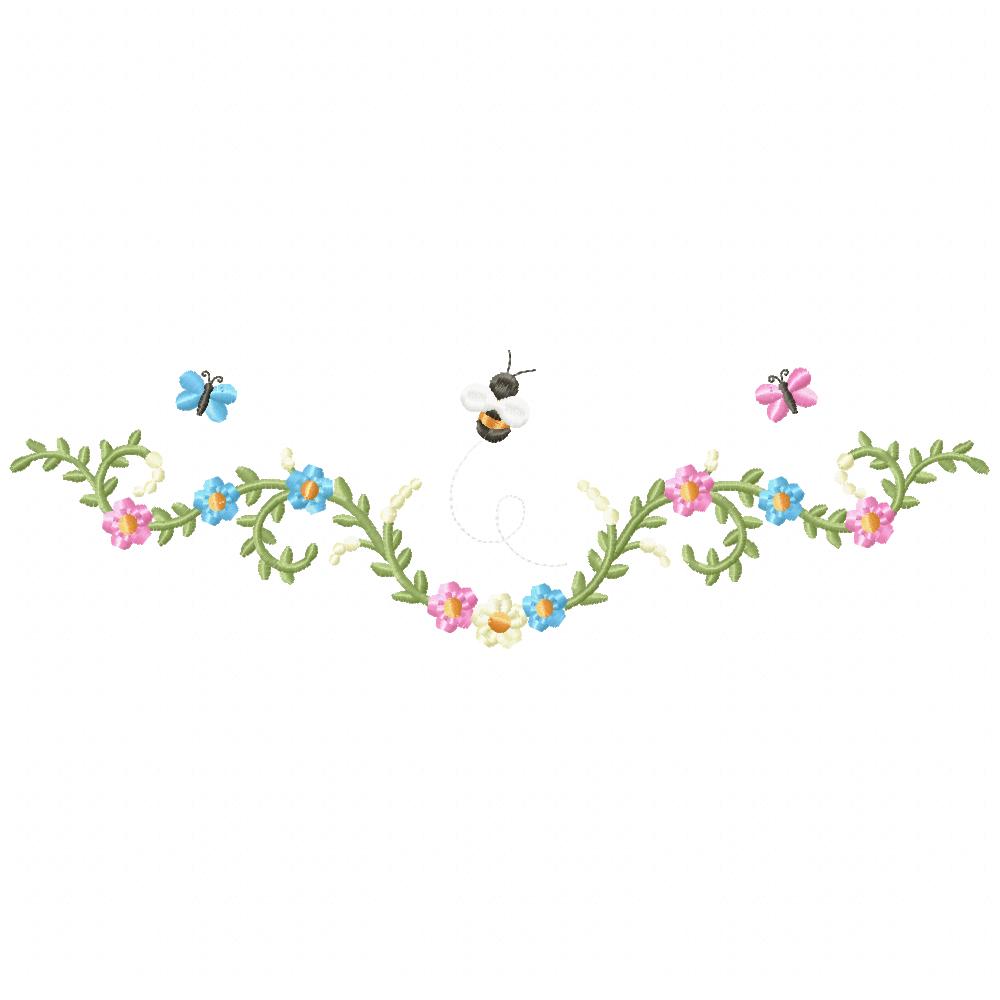 Delicate Flowers Branch, Butterflies and Bee - Fill Stitch