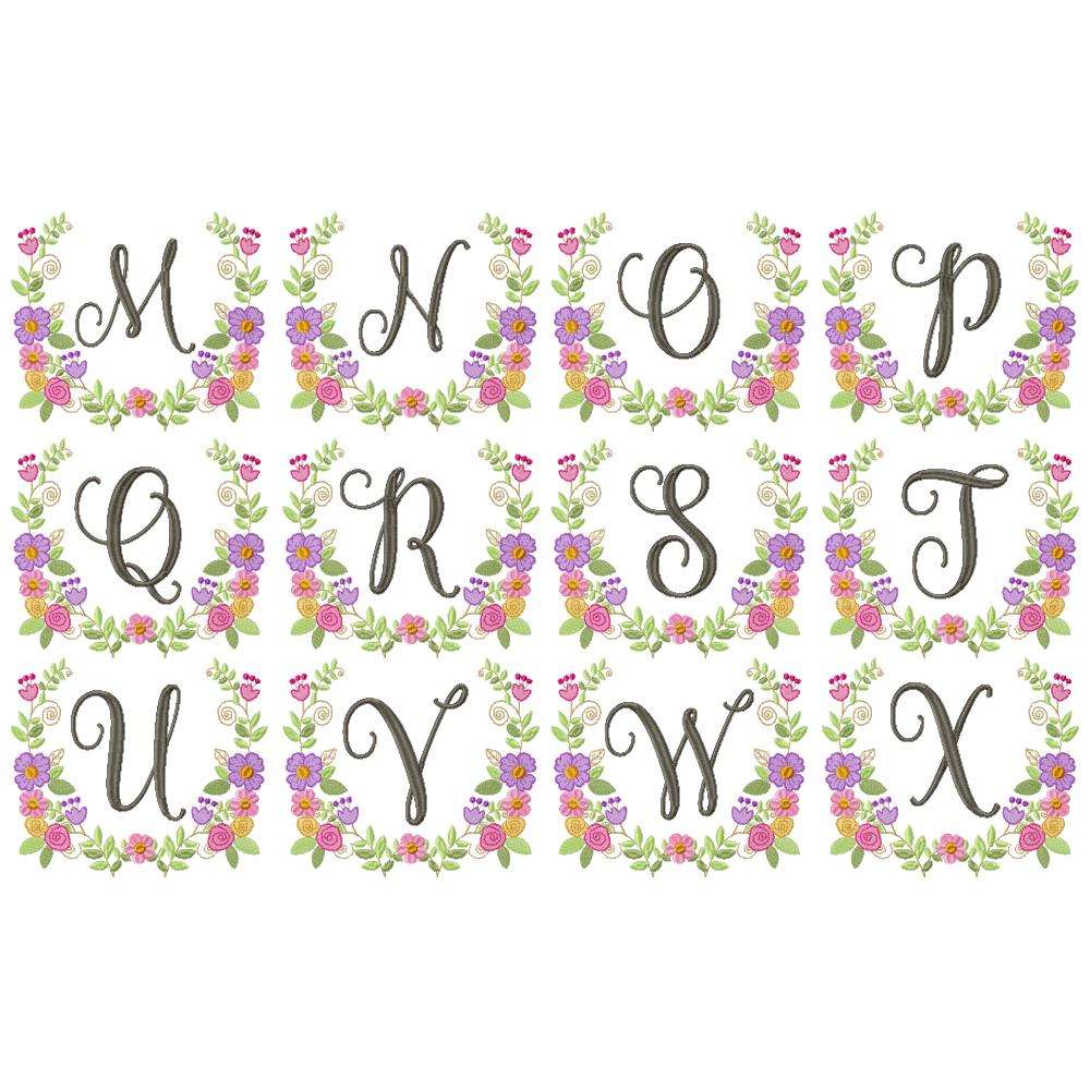 Monogram A-Z Floral Wreath Alphabet - Fill Stitch - Machine Embroidery Design