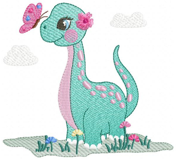Dinosaur Girl and Butterfly - Rippled Stitch - Machine Embroidery Design