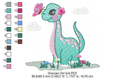 Dinosaur Girl and Butterfly - Rippled Stitch - Machine Embroidery Design