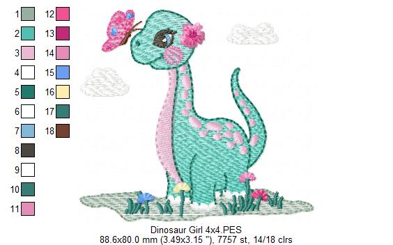 Dinosaur Girl and Butterfly - Rippled Stitch - Machine Embroidery Design
