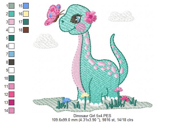 Dinosaur Girl and Butterfly - Rippled Stitch - Machine Embroidery Design