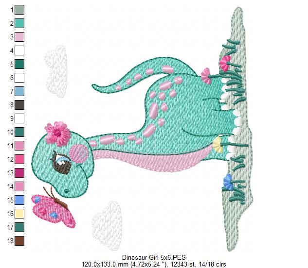 Dinosaur Girl and Butterfly - Rippled Stitch - Machine Embroidery Design