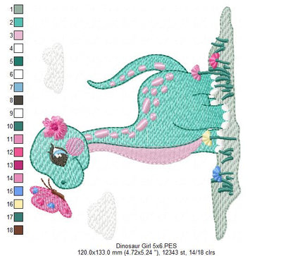 Dinosaur Girl and Butterfly - Rippled Stitch - Machine Embroidery Design