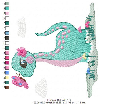 Dinosaur Girl and Butterfly - Rippled Stitch - Machine Embroidery Design