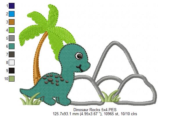 Dinosaur and Rocks - Applique - Machine Embroidery Design