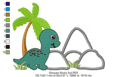 Dinosaur and Rocks - Applique - Machine Embroidery Design