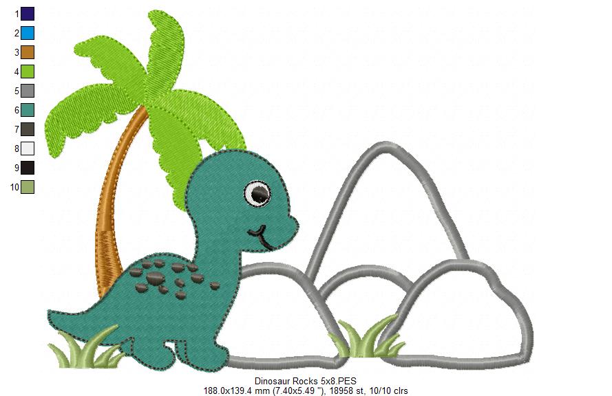 Dinosaur and Rocks - Applique - Machine Embroidery Design