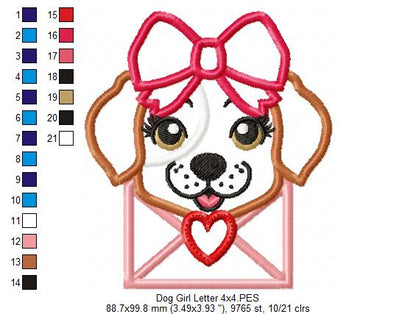 Puppy Girl Love Letter - Applique - Machine Embroidery Design