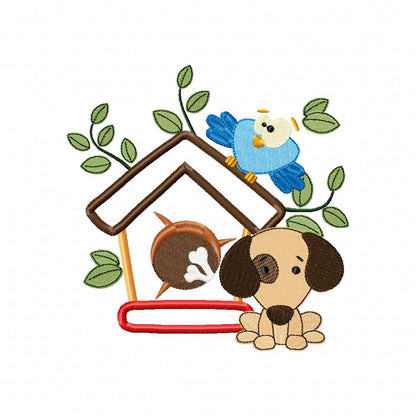 Puppy, Dog House and Bird - Applique - Machine Embroidery Design
