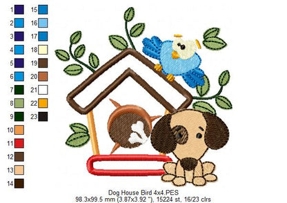 Puppy, Dog House and Bird - Applique - Machine Embroidery Design