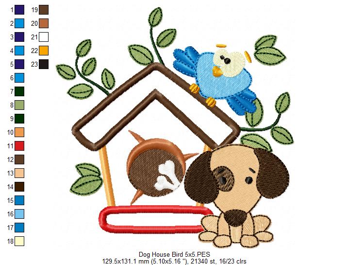 Puppy, Dog House and Bird - Applique - Machine Embroidery Design