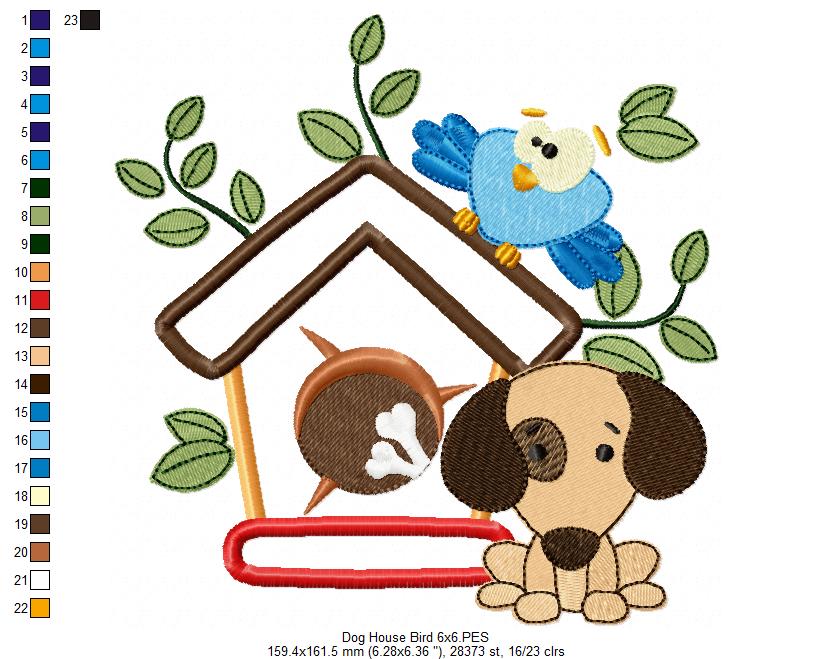 Puppy, Dog House and Bird - Applique - Machine Embroidery Design