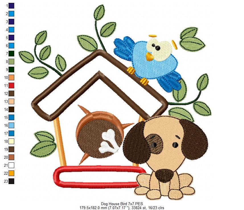 Puppy, Dog House and Bird - Applique - Machine Embroidery Design