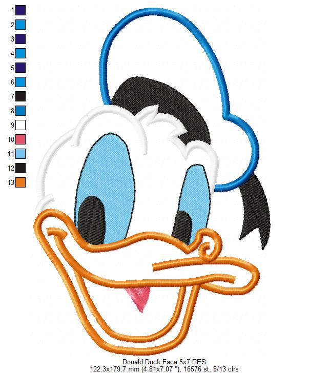 Donald Duck Face - Applique - Machine Embroidery Design
