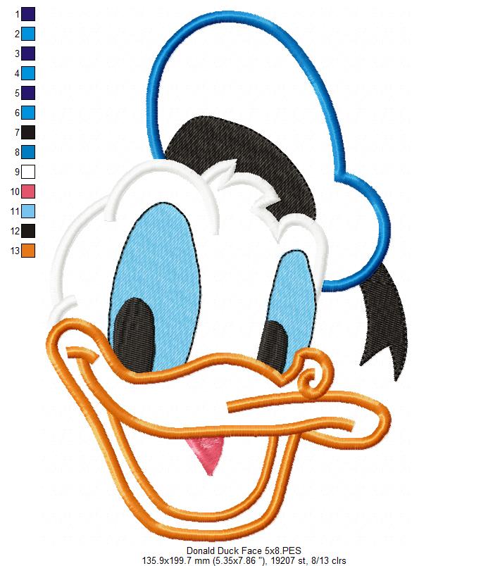 Donald Duck Face - Applique - Machine Embroidery Design