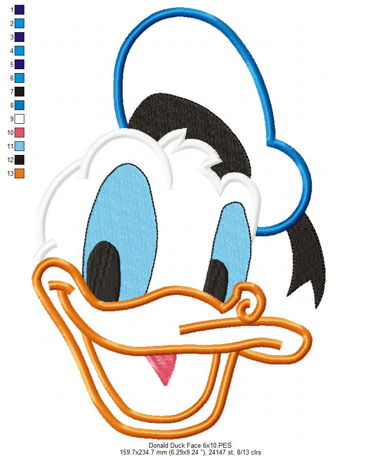 Donald Duck Face - Applique - Machine Embroidery Design