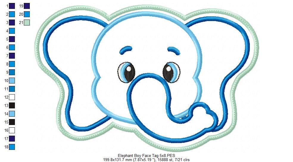 Elephant Boy and Girl Face Tag Set - ITH Project - Machine Embroidery Design
