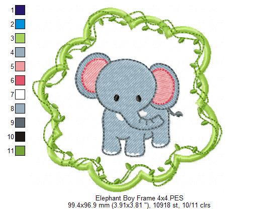 Safari Elephant Boy Frame - Applique - Machine Embroidery Design