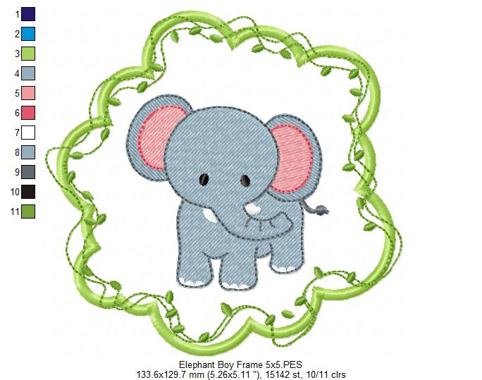 Safari Elephant Boy Frame - Applique - Machine Embroidery Design