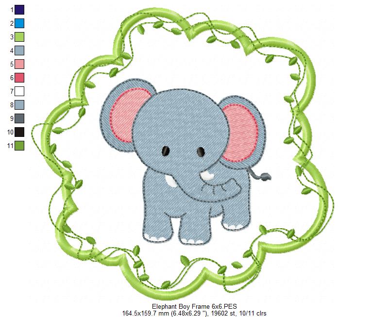Safari Elephant Boy Frame - Applique - Machine Embroidery Design