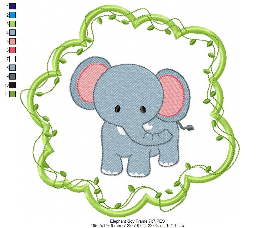 Safari Elephant Boy Frame - Applique - Machine Embroidery Design