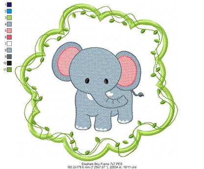 Safari Elephant Boy Frame - Applique - Machine Embroidery Design