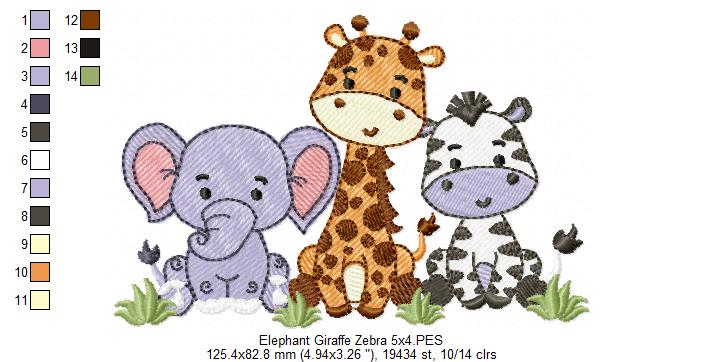 Animals Safari Elephant, Giraffe and Zebra - Fill Stitch - Machine Embroidery Design