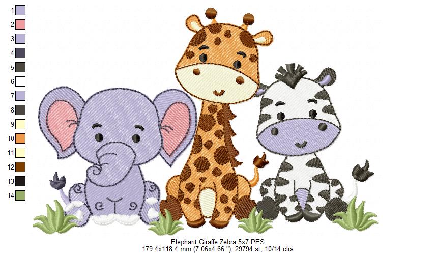 Animals Safari Elephant, Giraffe and Zebra - Fill Stitch - Machine Embroidery Design